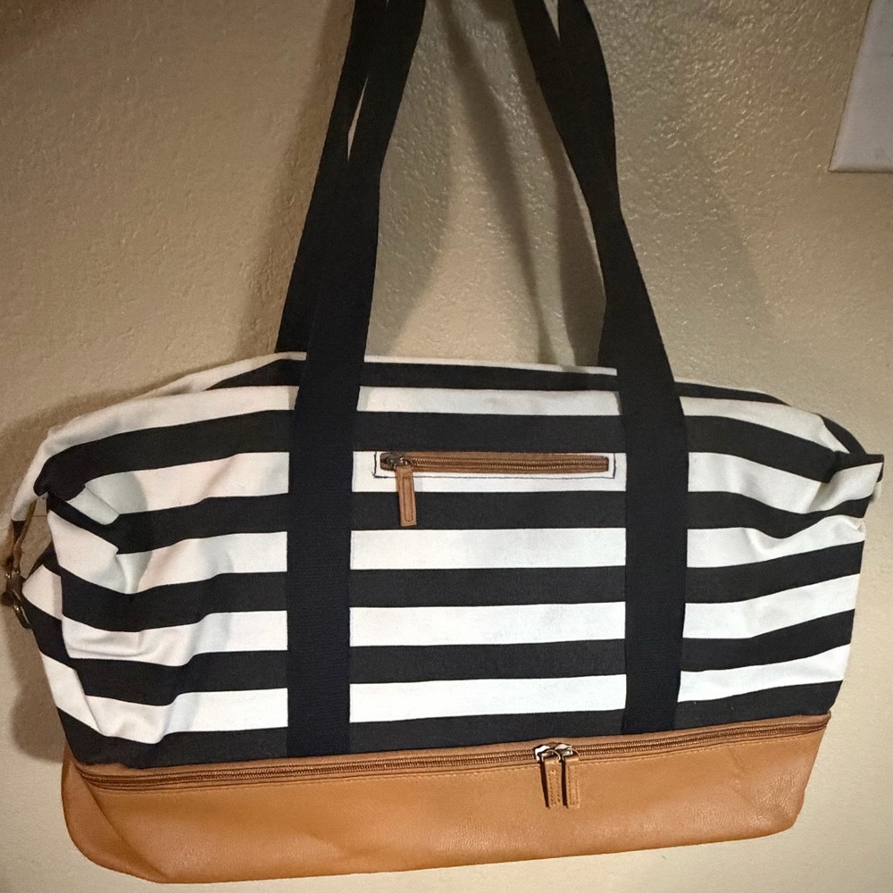 DSW Black and White Striped Tote with Tan Details